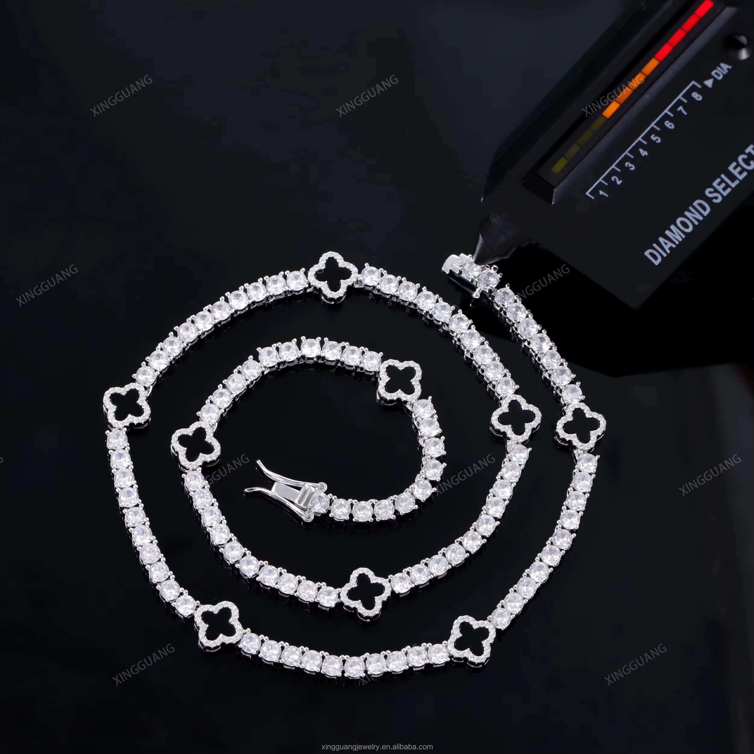XingGuang Hiphop Cuban Bracelet 925 Sterling Silver VVS Moissanite Diamond Four Leaf Clover Tennis Bracelet 3mm 4mm Tennis Chain