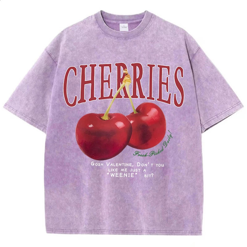 Women Cotton Washed T-Shirts Trend O-Neck Distressed Tops Fresh Red Cherries Print Short Sleeve Summer Street Female Clothes 250410