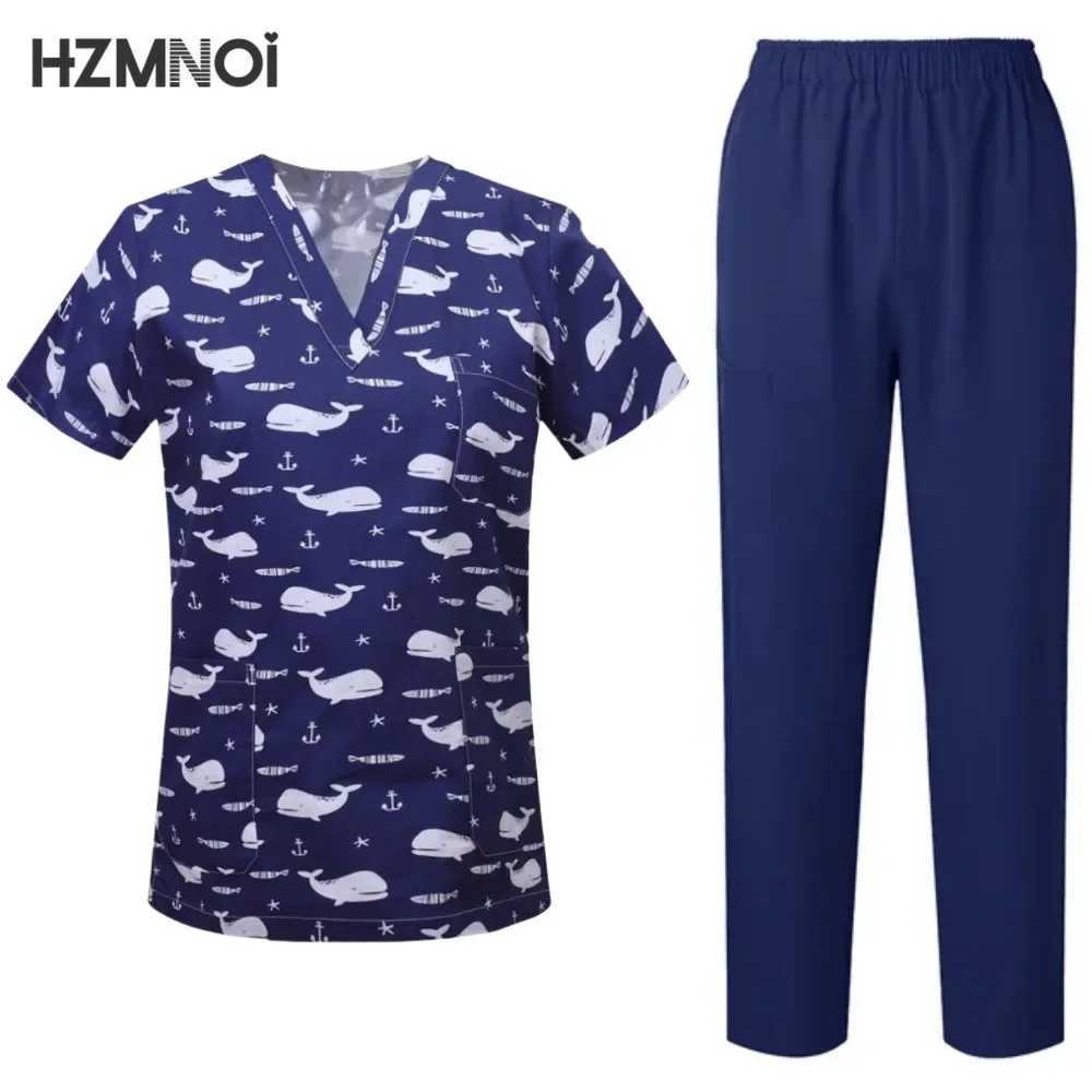 Surgical Uniforms Woman Printing Blouse Pockets Pants Medical Scrub Set Beauty Sn Workwear Clinical Scrubs Top+Pants Spa Suit X2504101