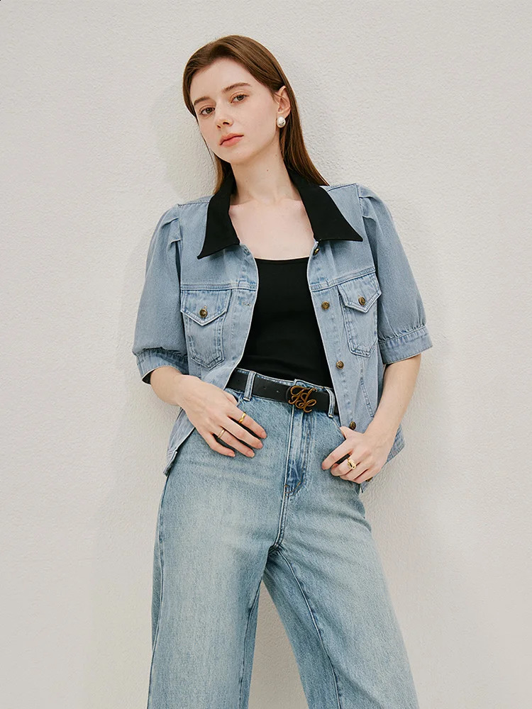 FSLE Contrastive Color Polo Neck Denim Shirt Summer Half Sleeve Puff 100 Cotton Single Chest 24FS12237 250411e