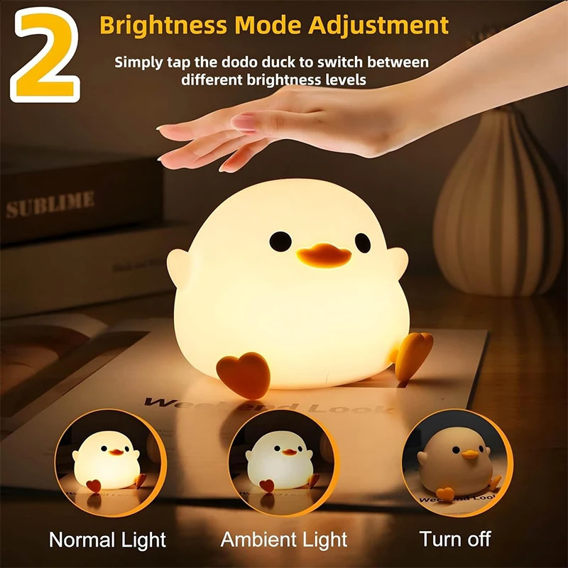 DoDo Duck Night Light Cute Duck Lamp Rechargeable Dimmable Nightlight Silicone LED Bedside Lamp Nursery Touch-Sensitive 250410
