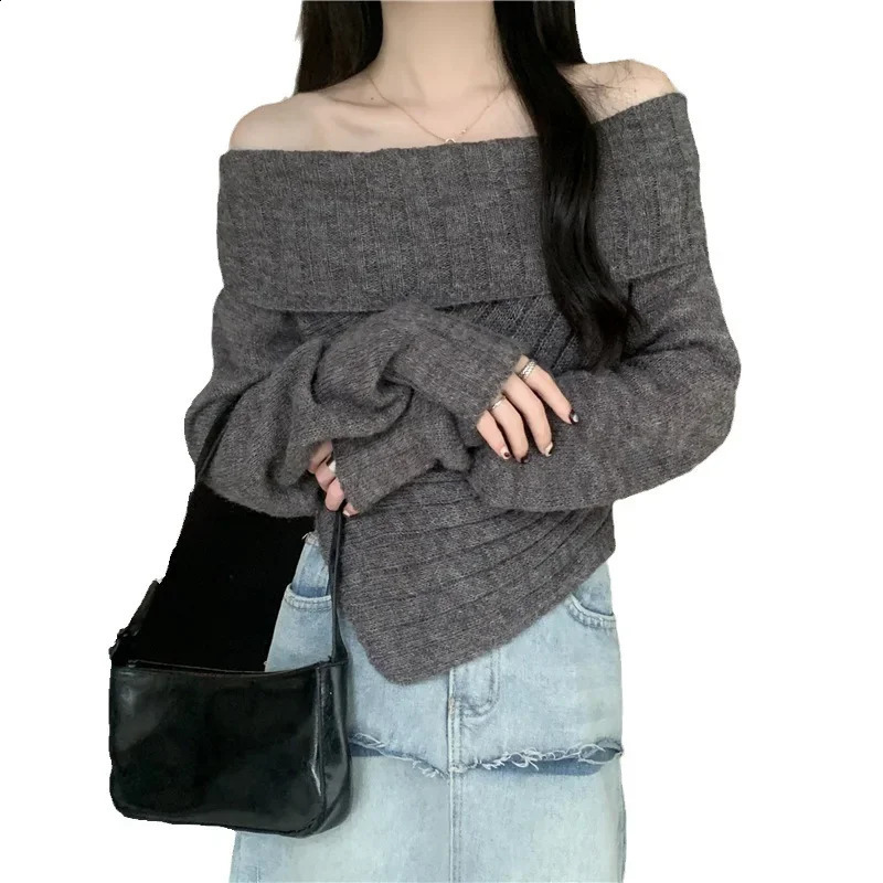 Casual style long sleeved shoulder knitted top sweater for womens autumn weight loss cutting irregular 250407