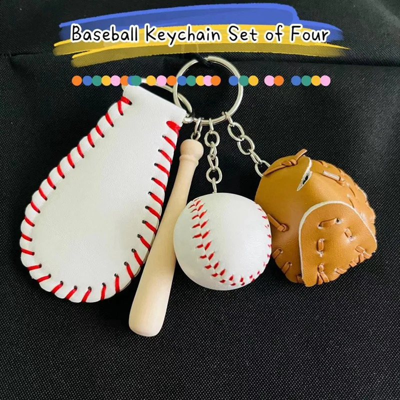 4 baseball bat keychains wooden baseball bat gloves mini keychain accessories sports keychain metalPU boy and girl pendant 250409