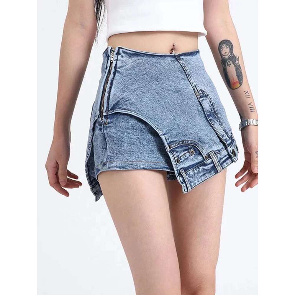 Women's Jeans TWOTWINSTYLE Patchwork Pocket Irregular Chic Denim Shorts For Women High Waist Spliced Zipper Designer Short Pants Female New