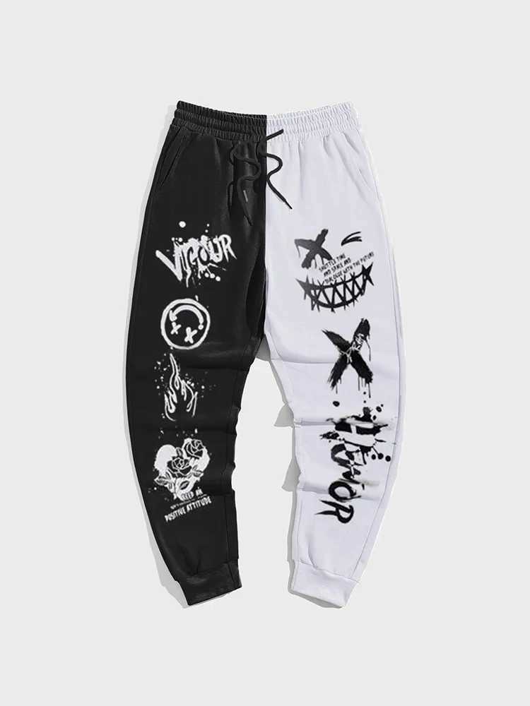Black and white graffiti mens pants fashion gym sports pants Korean popular clothing hip-hop 3D printing Y2k mens clothing winter close-up pantsXJ2504