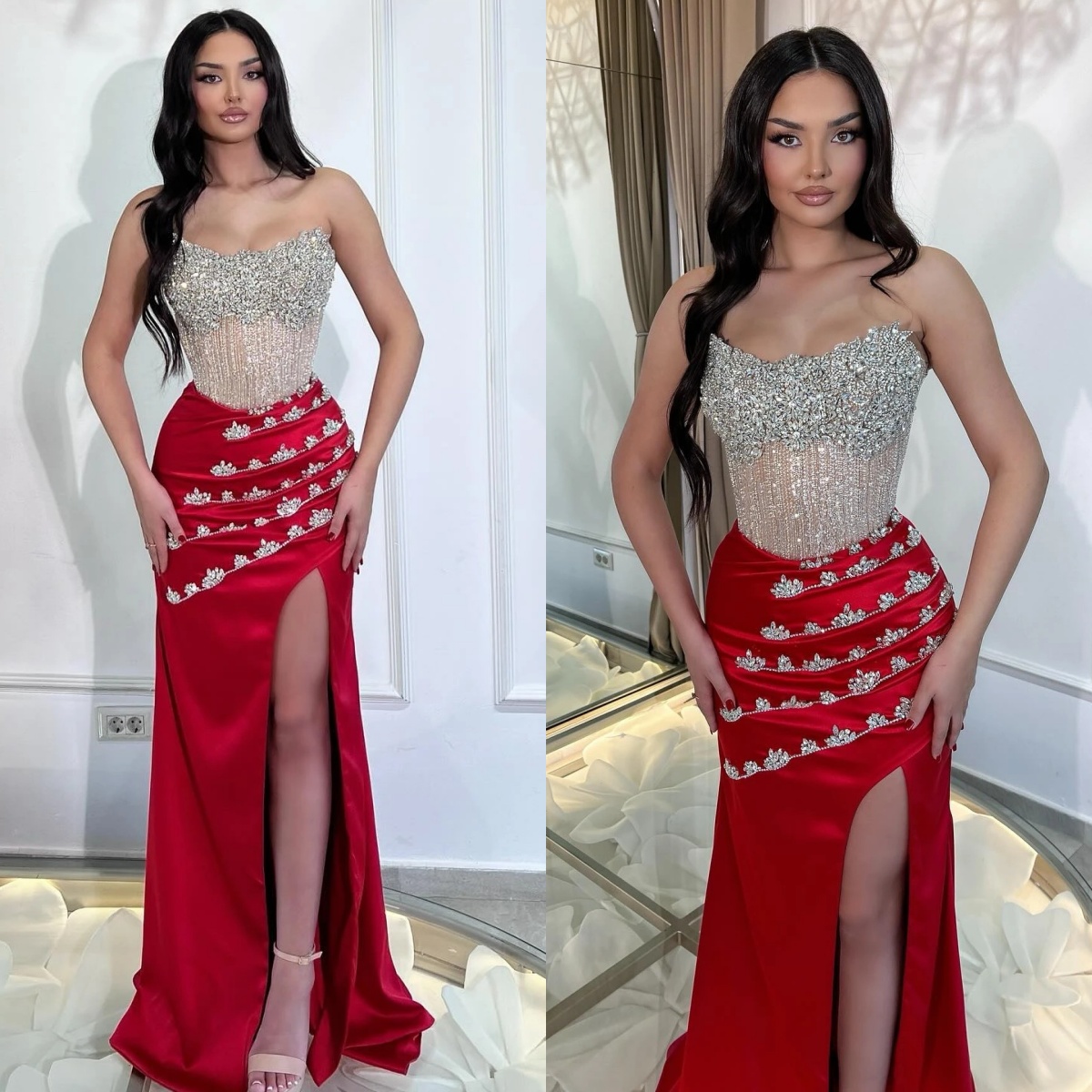 Elegant Strapless Evening Dresses Crystal Prom Gowns Mermaid Rhinestone Side Split Customized Slim Sweep Train Formal Occasion Party Dress Vestidos de