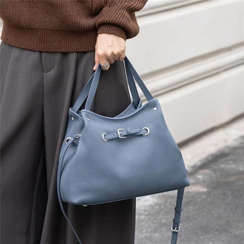 Women's Bags Toptrends 100% Genuine Leather Bucket Shoulder Tote Bags For Women 2025 Designer Crossbody Shopper Work Ladies Handbags