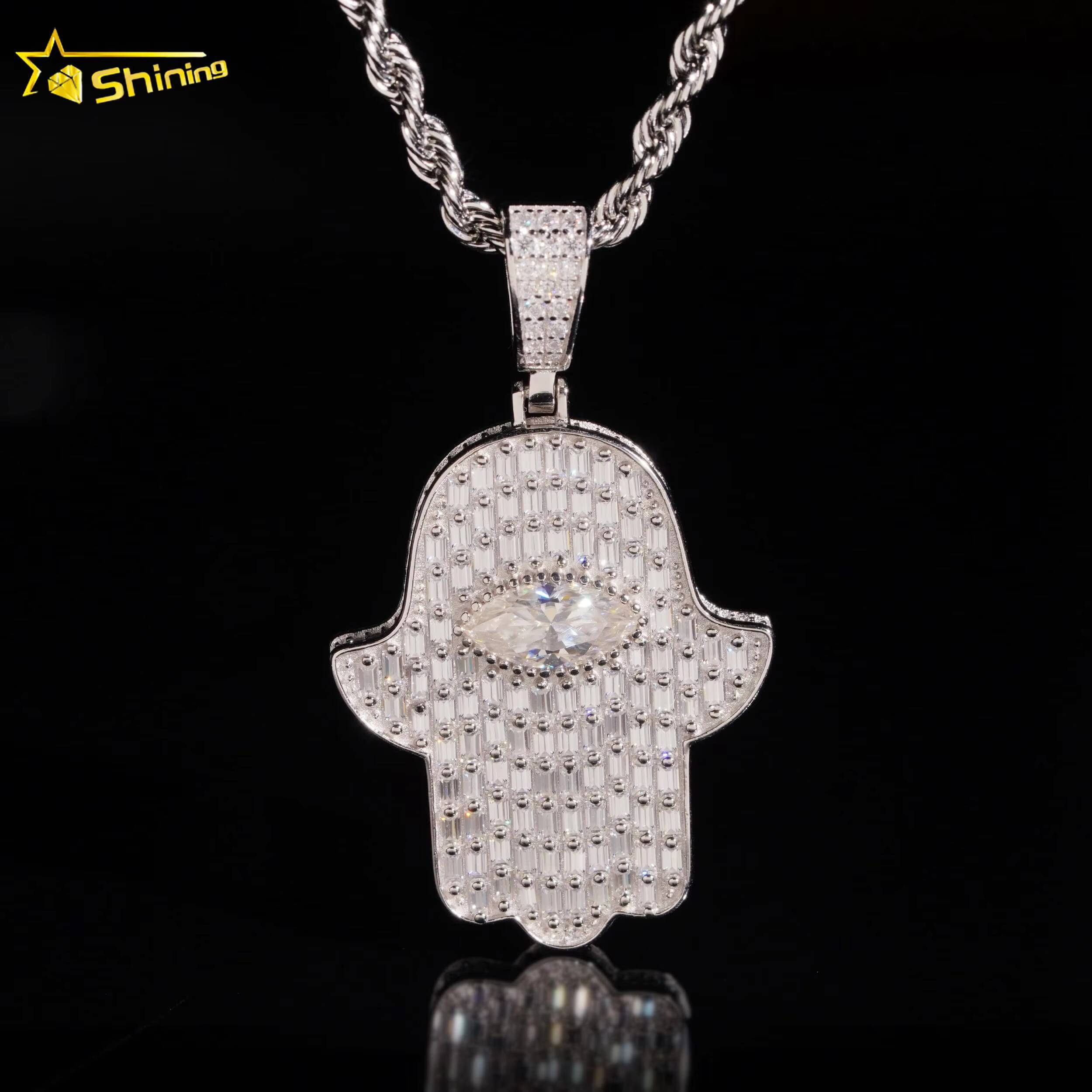 New Arrival Iced Out Baguette Moissanite Hamsa Pendant GRA Certificated 925 Silver Custom Pendant Moissanite Hip Hop Jewelry