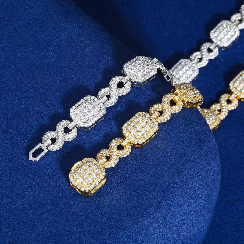 Hip Hop Block Design Jewelry Custom 10mm Pave Setting VVS Moissanite 925 Sterling Silver Infinite Halo Gemstone Bracelet