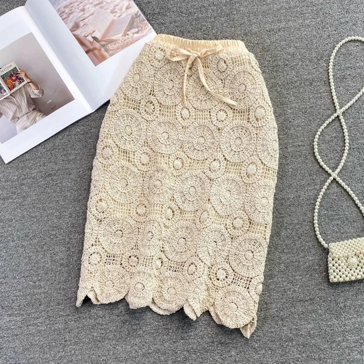 Mini Womens Knitted Leather 2024 Retro SpringSummer High Waist Hollow Hooked Lace Rok ROPA Mujer 250407