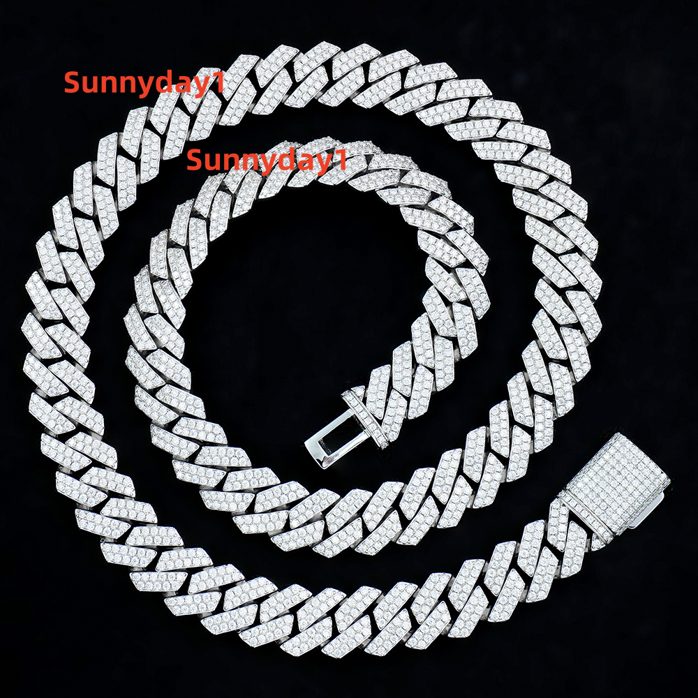 925 Silver Jewelry White Gold Yellow Gold Plated Moissanite Necklace 14mm Sharp Angled Style Cuban Link Chains for Hiphop Men