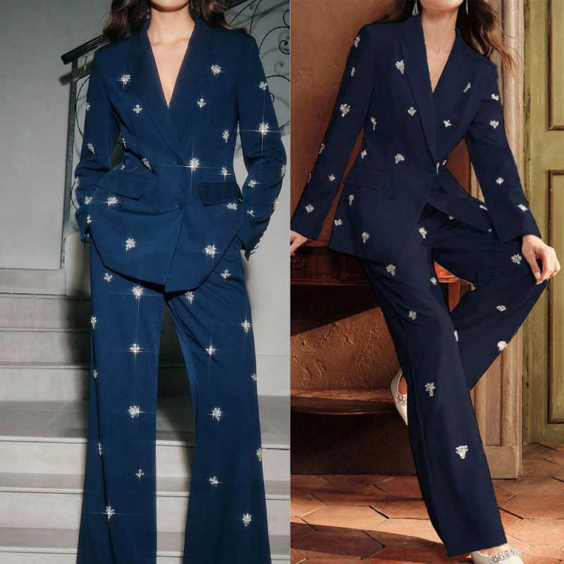 Luxury Suits For Women Double Breasted Peaked Lapel Jacket Blazer Business Party Sets Crystals Office Ladies Customized Outfits