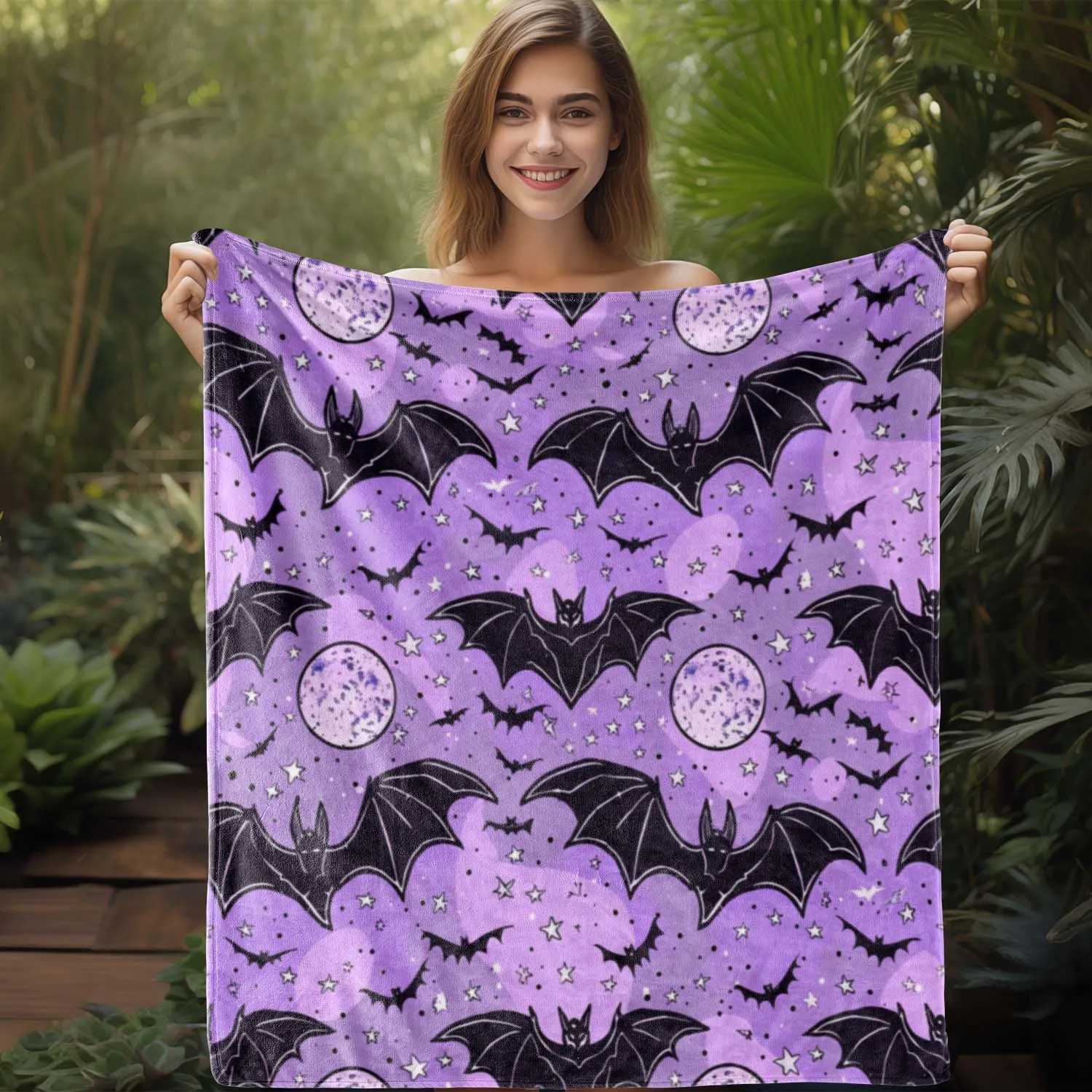 1pc Sdoo Halloween Flannel Blanket - Purple Vampire bats Gothic Print Stars - Soft Warm Throw for Couch Bed Camping Travel C251111