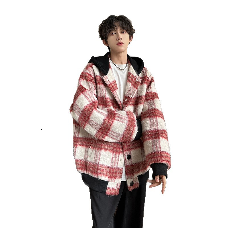 Youth Hooded Plaid Autumn Winter Woolen Large Size Thickened Jacket Cool Loose Woolen Coat Outerwear