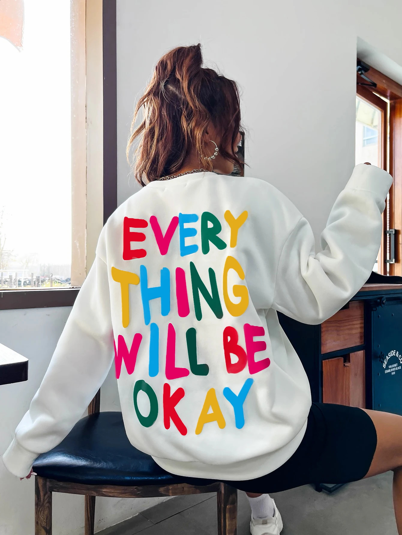 Fashion Womans Sweatshirt Everything Will Be Okay Letter Printed Pullover Loose Warm Crewneck Hoodies Casual Female Clothing 250410
