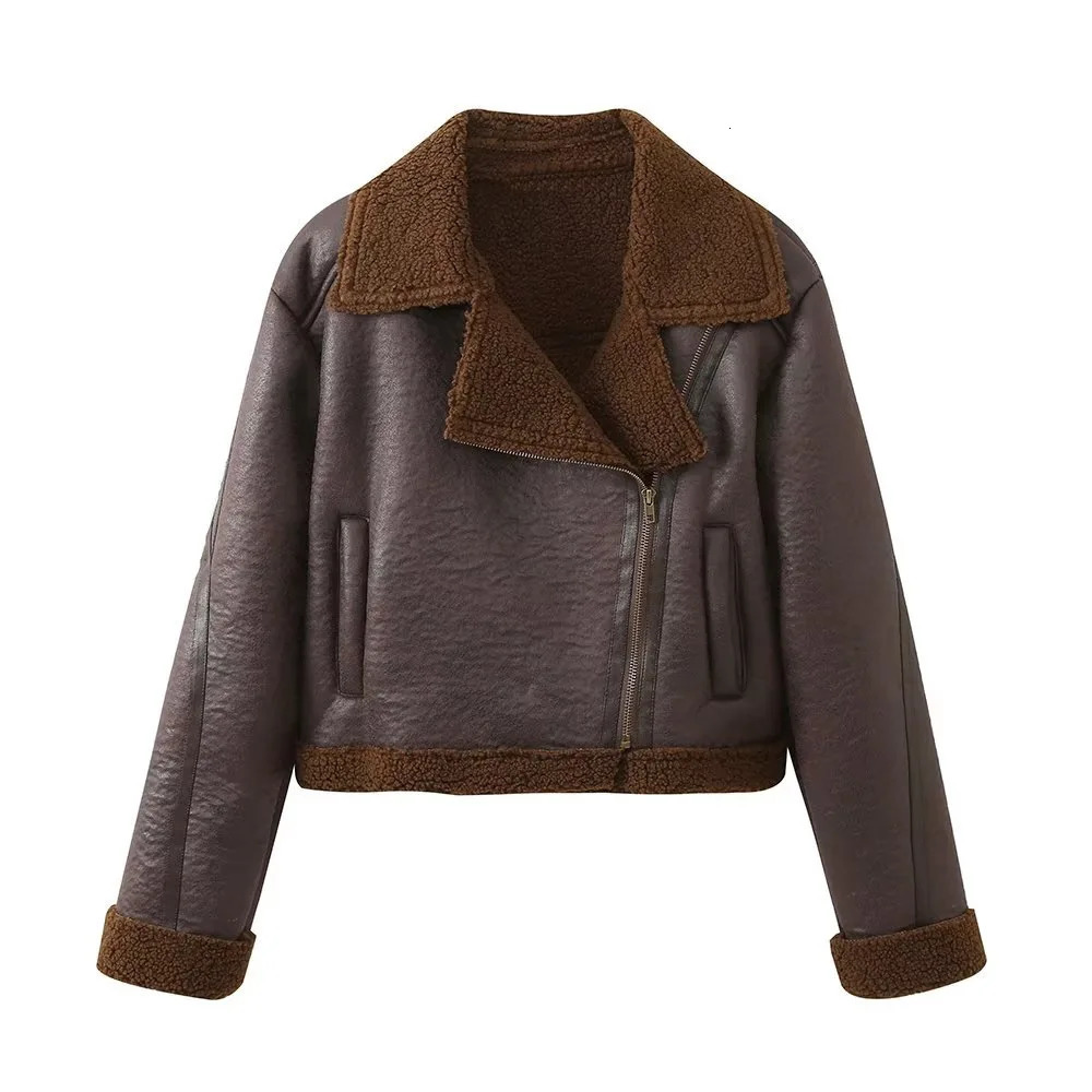 Warm Fleece Lined Loose Motorcycle Style Jacket Womens Winter Outerwear Short Leather Coat Comfortable Casual Street Style 251105