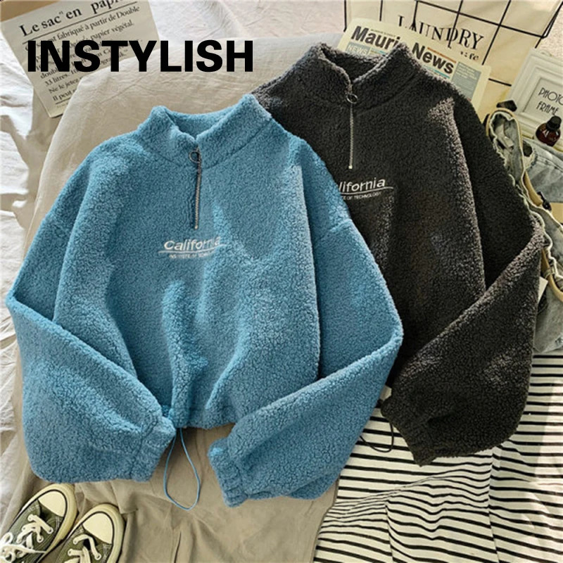 Women Stand Neck Fleece Cropped Hoodies Autumn Letter Embroidery Long Sleeve Drawstring Sweatshirt Elegant Plush Velvet Tops 250410
