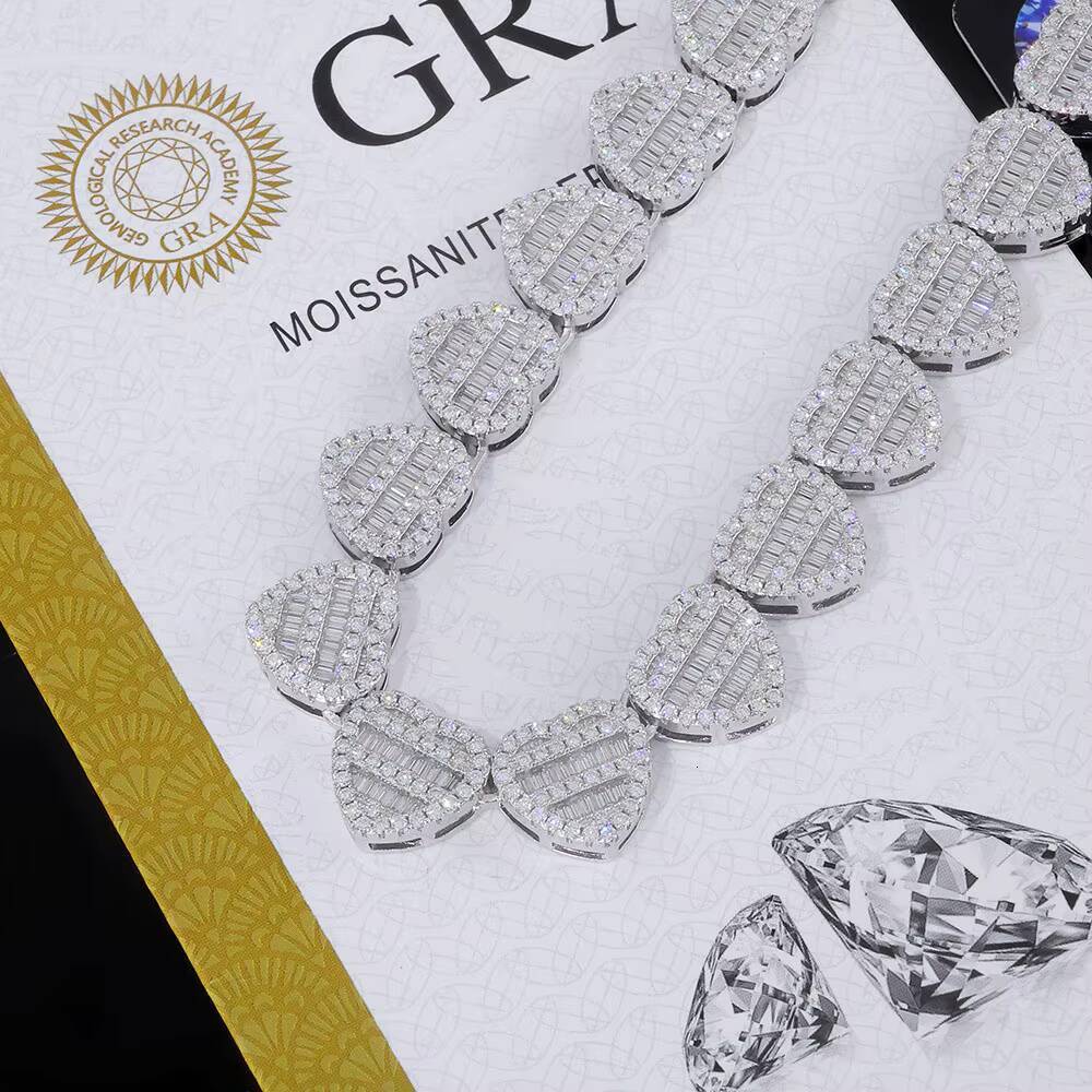NUOYA 12mm Iced Out Baguette Moissanite Clustered Tennis Chain 925 Sterling Silver Heart Shape Tennis Chain Necklace for Women