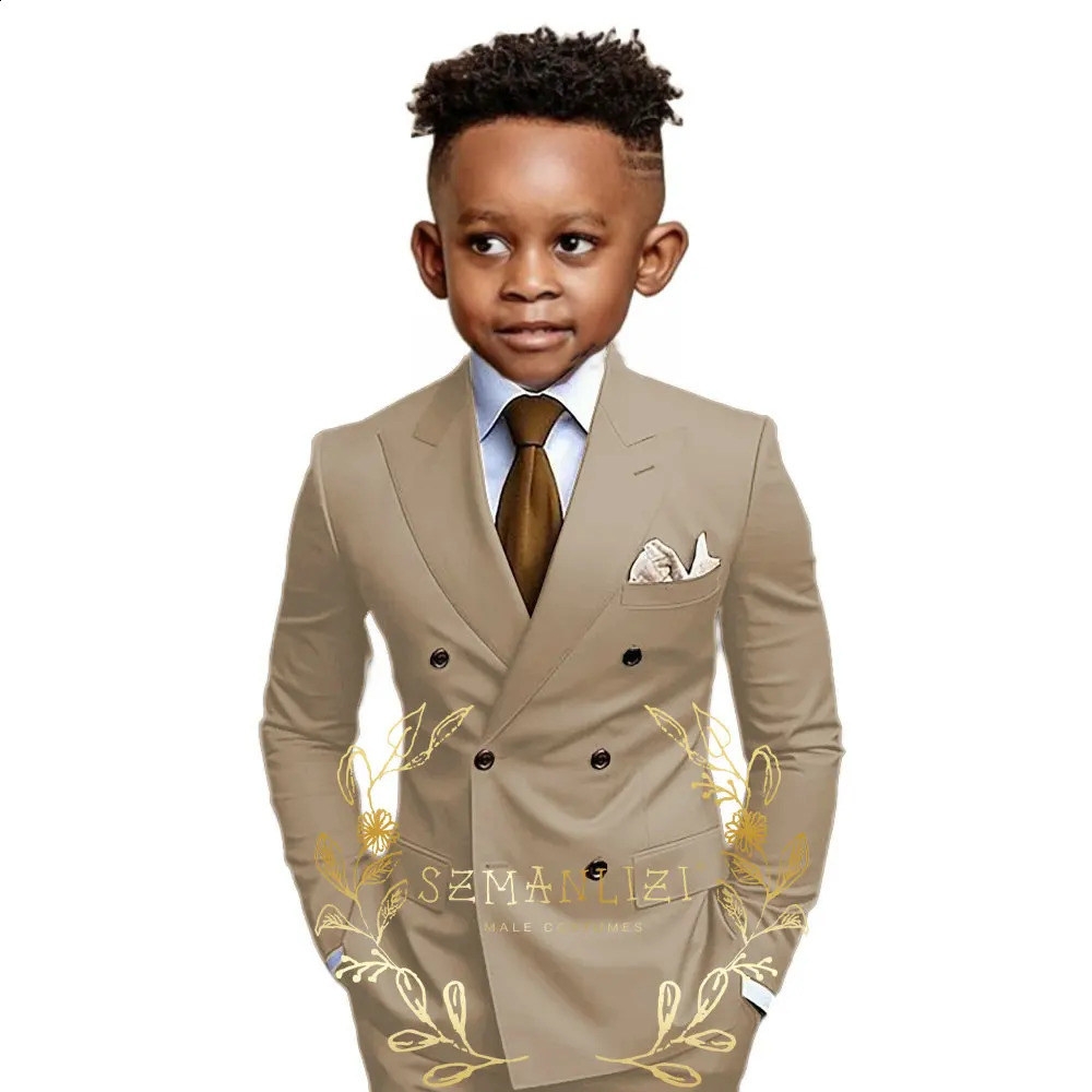 Brown Boys Suit Double Breasted Jacket Pants 2 Piece Set Business Style Formal Wedding Tuxedo Custom Size Blazer Kids 250410