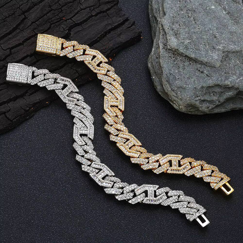 NUOYA Hip Hop Jewelry Silver Plated Cuban Bracelet Full Diamond Micro Pave Bling Moissanite Prong Cuban Link Chain Bracelet