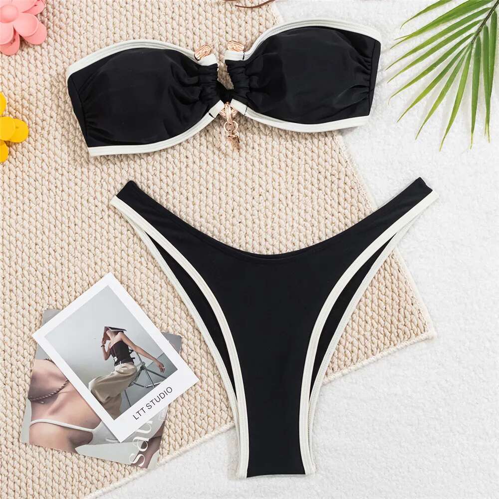 Brown Bandeau Sets 2025 Sexy Swimsuit Women Contrast Color Swimwear Metal Buckle High Cut Bathing Suit Bikinis De Mujer