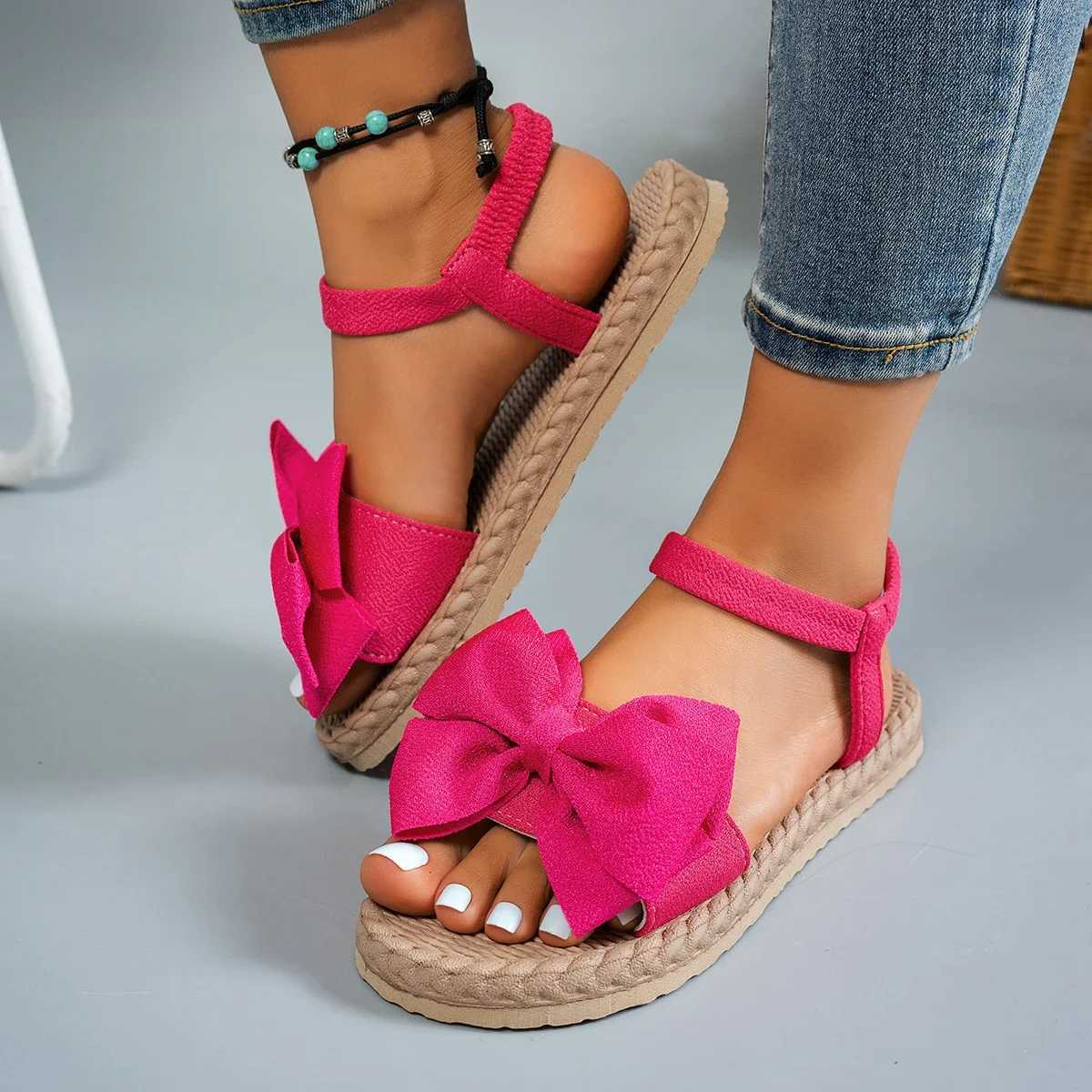 Womens Sandals 2025 New Fi Bow Flat Shoes Womens Soft Outdoor Lightweight Beach Sandals Womens SandalsXJ250410