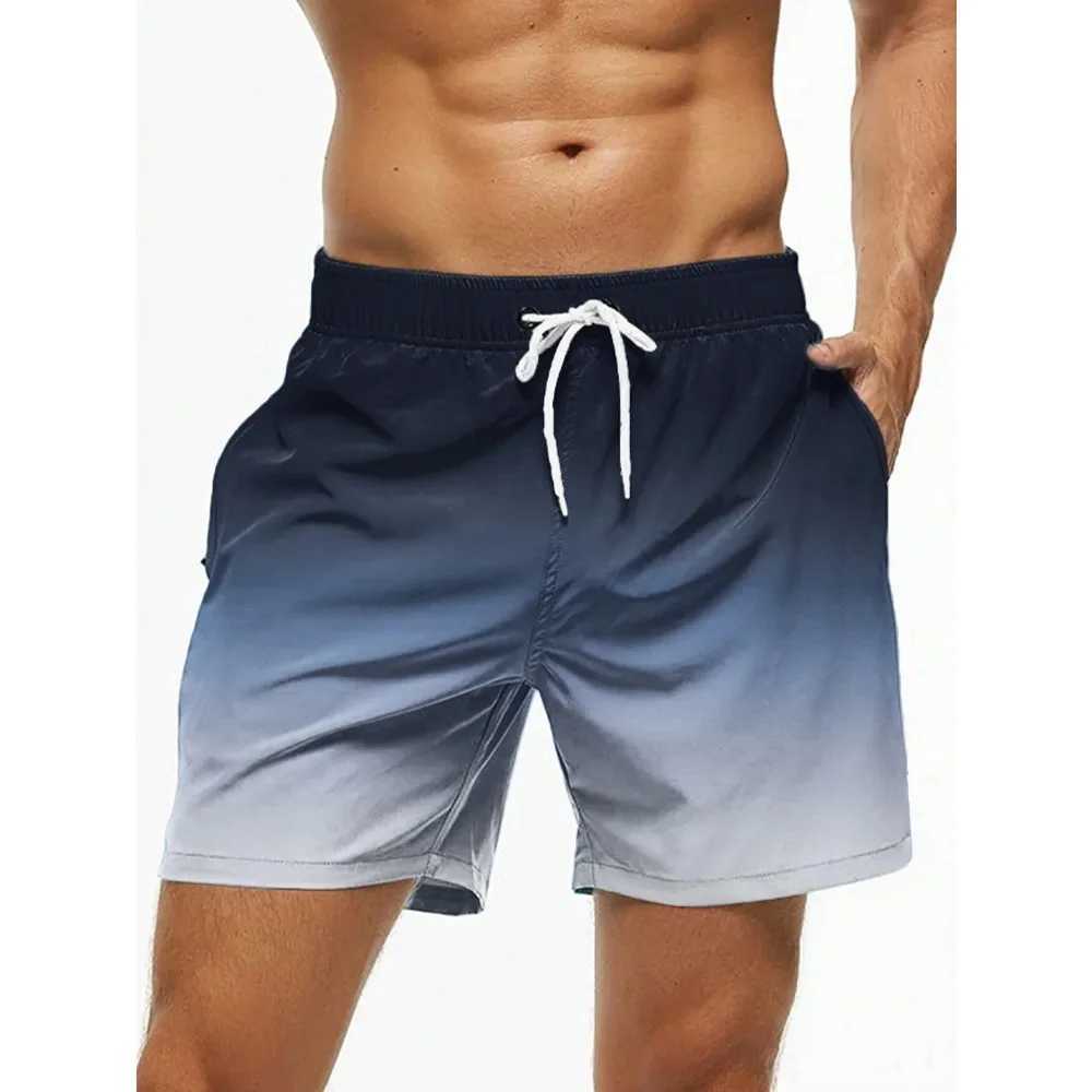 Mens beach shorts gradient color block brushed summer mens swim trunks elastic waist 3D printed breathable short streetwearW250410