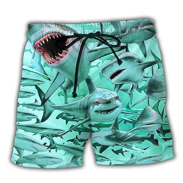 New mens board shorts swimming shorts drawstring shark graphic printing fast drying casual holiday Hawaiian shortsW250410