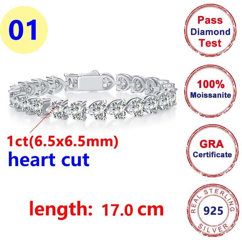 Full Moissanite D Color Princess Heart Tennis Bracelet Womens 925 Silver Fine Moissanite Diamond Jewerly Chain for Girl Women