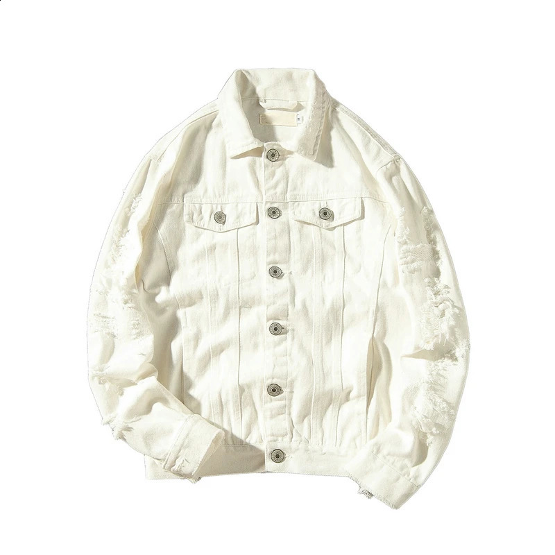autumn mens denim jacket ultrathin slim fit cotton red white black cracked hole Jean Coats plus size M5XL 250401