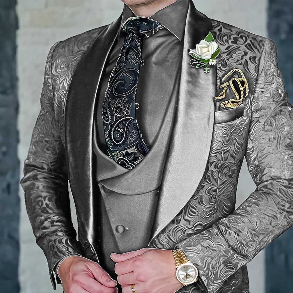Jacquard mens 3-piece formal party dress grooms tailcoat high-quality elegant mens custom set W250410