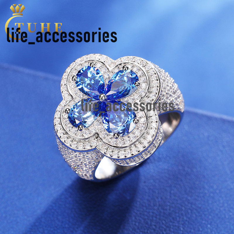 Fine Jewelry Sparkling Gemstone Couples Anniversary Gift Exquisite 925 Sterling Silver Four Leaf Moissanite Ring
