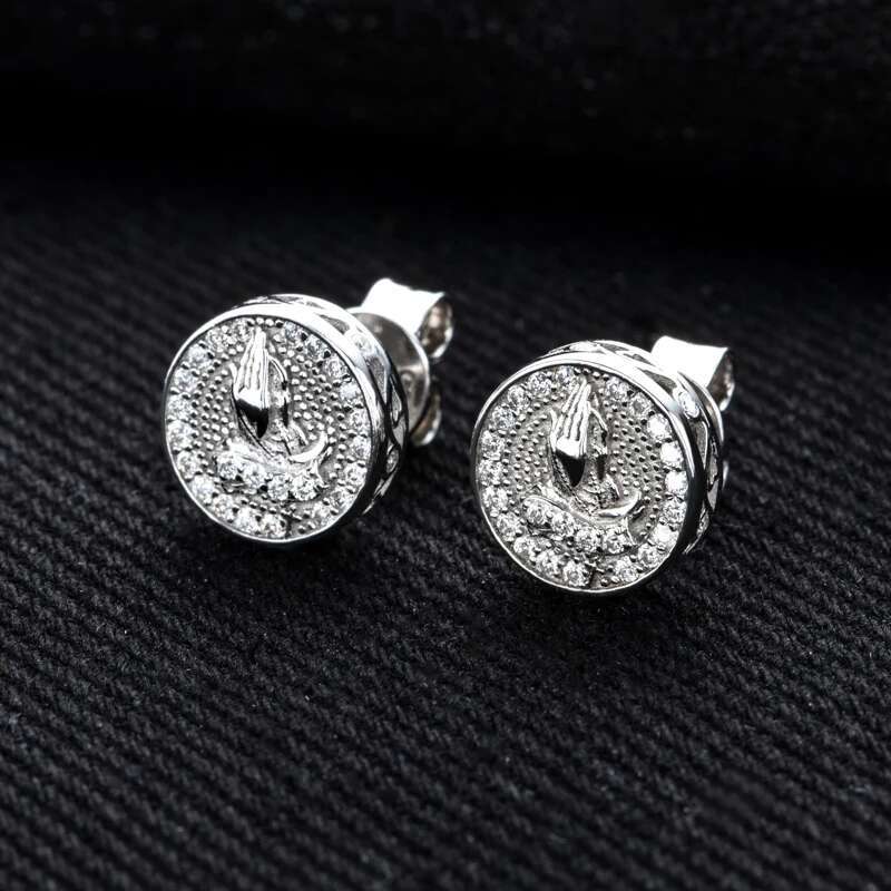 MossanRappr 0.5cttw Moissanite Prayer Hand Shape Stud Earrings 925 Sterling Silver D Color Fashion Hip Hop Jewelry for Women