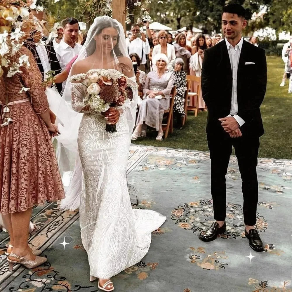 Boho Mermaid Wedding Dress Strapless Sulfur Sleeves Lace Applique Elegant Bridal Gowns Customized Vestidos De Novia