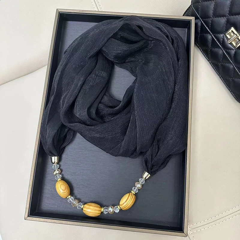 Wholesale Polyester Solid Collar Scarf Gorgeous Bead Pendant Jewelry Necklace Jewelry Ring Scarf Ethnic Islamic Shawl Scarf 250409