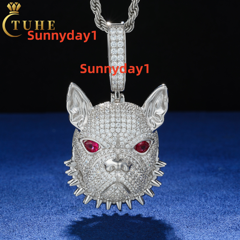 Rapper Men Jewelry Gemstone Gold Plated 925 Sterling Silver VVS Moissanite Red Moissanite Eyes Hip Hop 3D French Bulldog Pendant