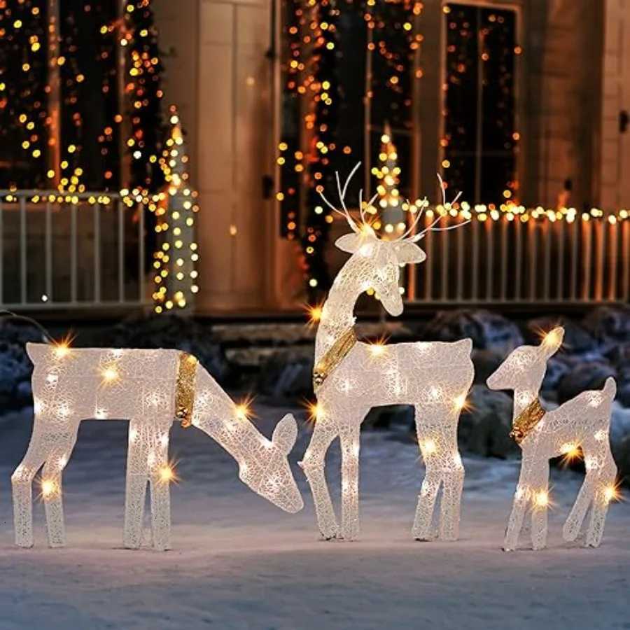 Christmas Christmas Outdoor Decoration 3Piece Lighted 2D Reindeer Family with 60 Lamps PreLit Light Up Deer Set Waterproof Y251111