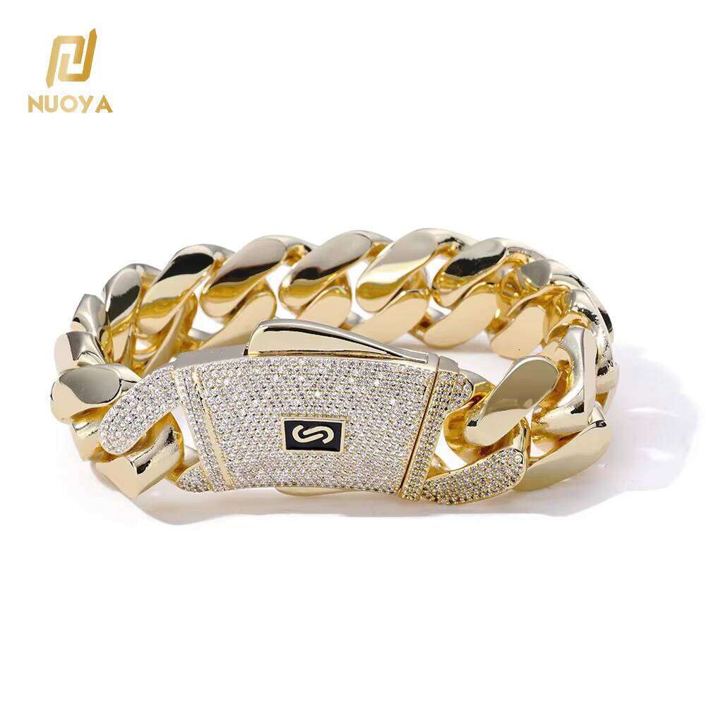 NUOYA Iced Out Dia Clasp 14K Gold Plated Solid Thick Miami Cuban Link Bracelet Fashion Hip Hop Jewelry for Men and Women