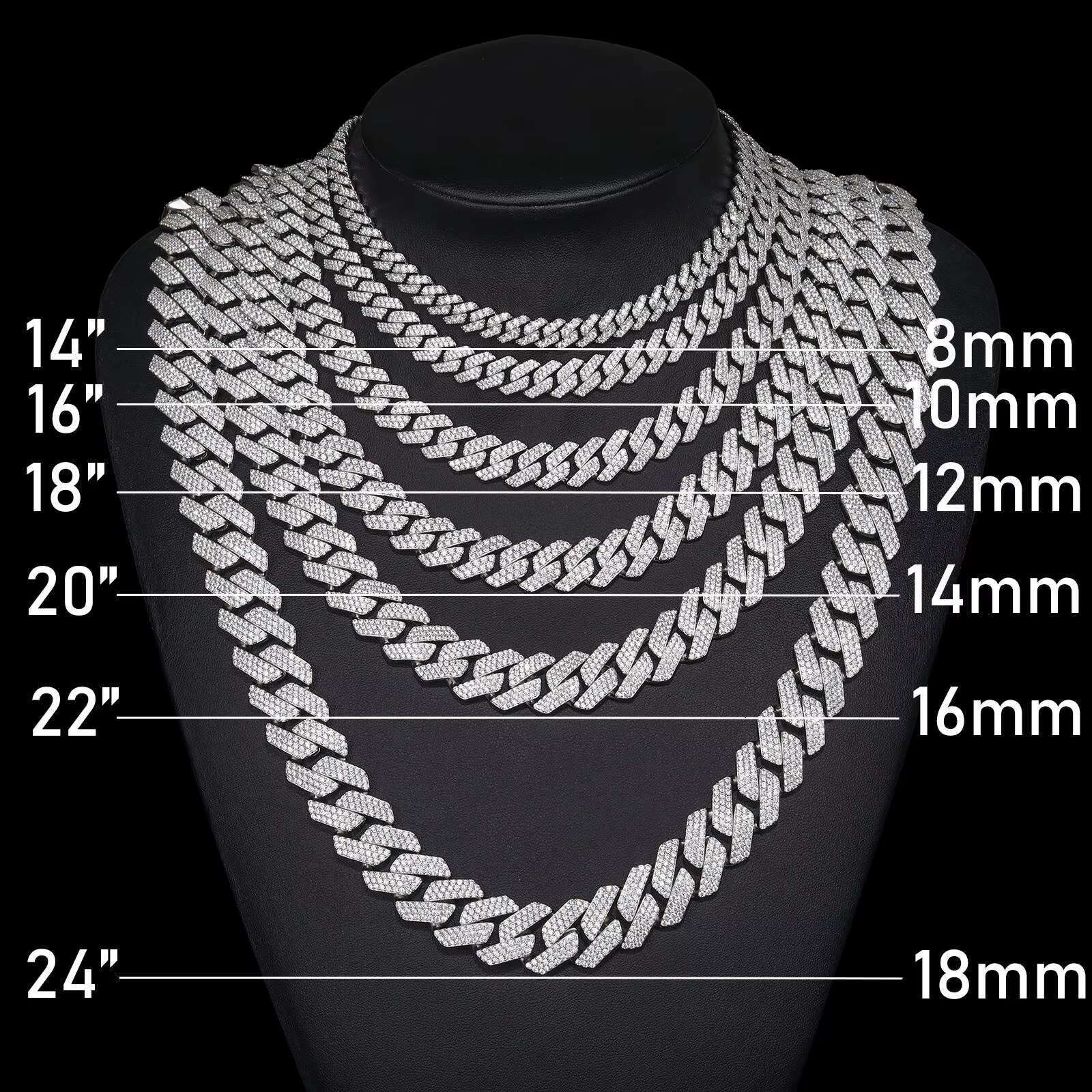 925 Sterling Silver Necklace for Men Hip Pop Full Iced Out Moissanite Sterling Silver Chain Necklace 6 to 15MM Width