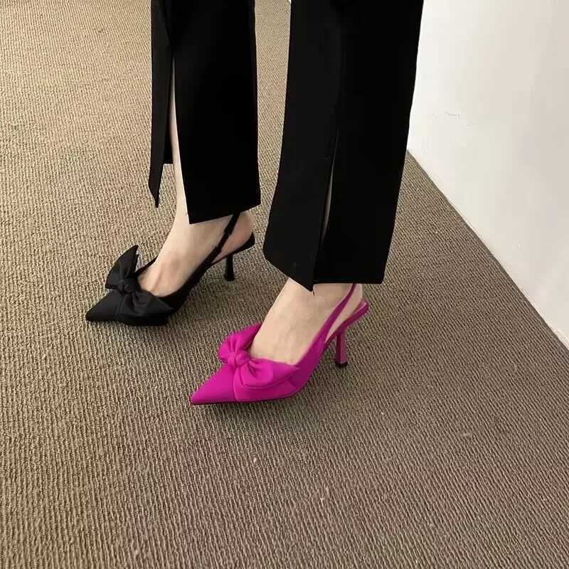 Womens shoes 2024 summer new bow womens suspender heel womens sexy dress thin toe womens high heelsXJ250410