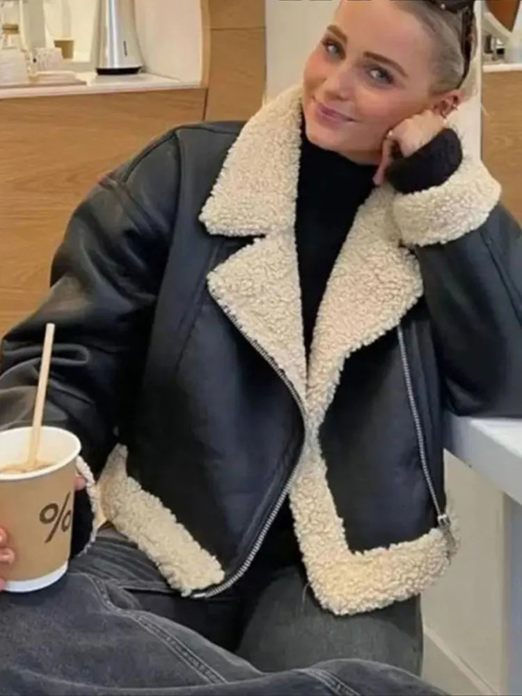 HH Womens Winter Short Motorcycle Jacket Fur One-piece Jacket Retro Lapel Zipper Pocket Decoration Womens Street Wear 251106