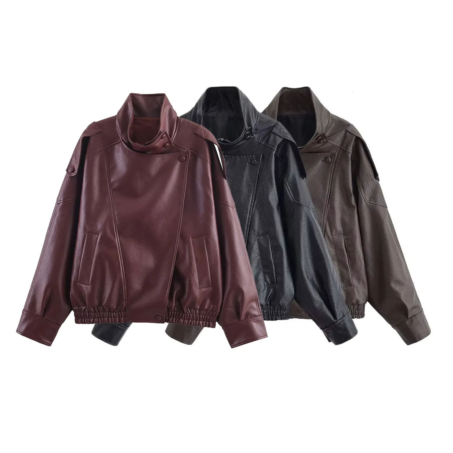 HH Autumn Womens Street Fashion Loose Leather Jacket Long Sleeves Turtleneck Zipper With Pockets Asymmetric Vintage Coats 251107