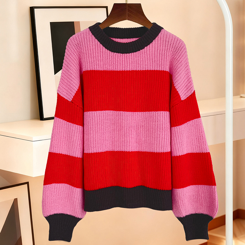 Women's color-block striped top, round-neck long-sleeved sweater, popular casual streetwear, pullover for women, off-the-shoulder top---TVL076