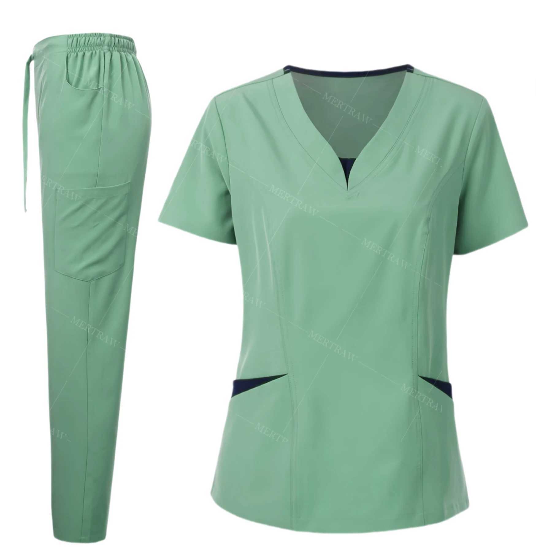 A frosted suit suitable for female nurses stylish V-neck oversized nursing shirt beautiful solid color workwear frosted top and pants X250410