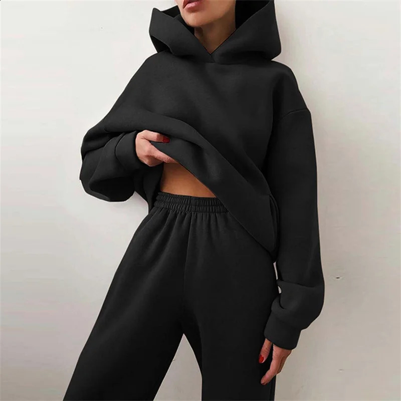 Womens Tracksuit Suit Autumn Fashion Warm Hoodie Sweatshirts Two Pieces Oversized Solid Casual Hoody Pullovers Long Pant Sets 250410