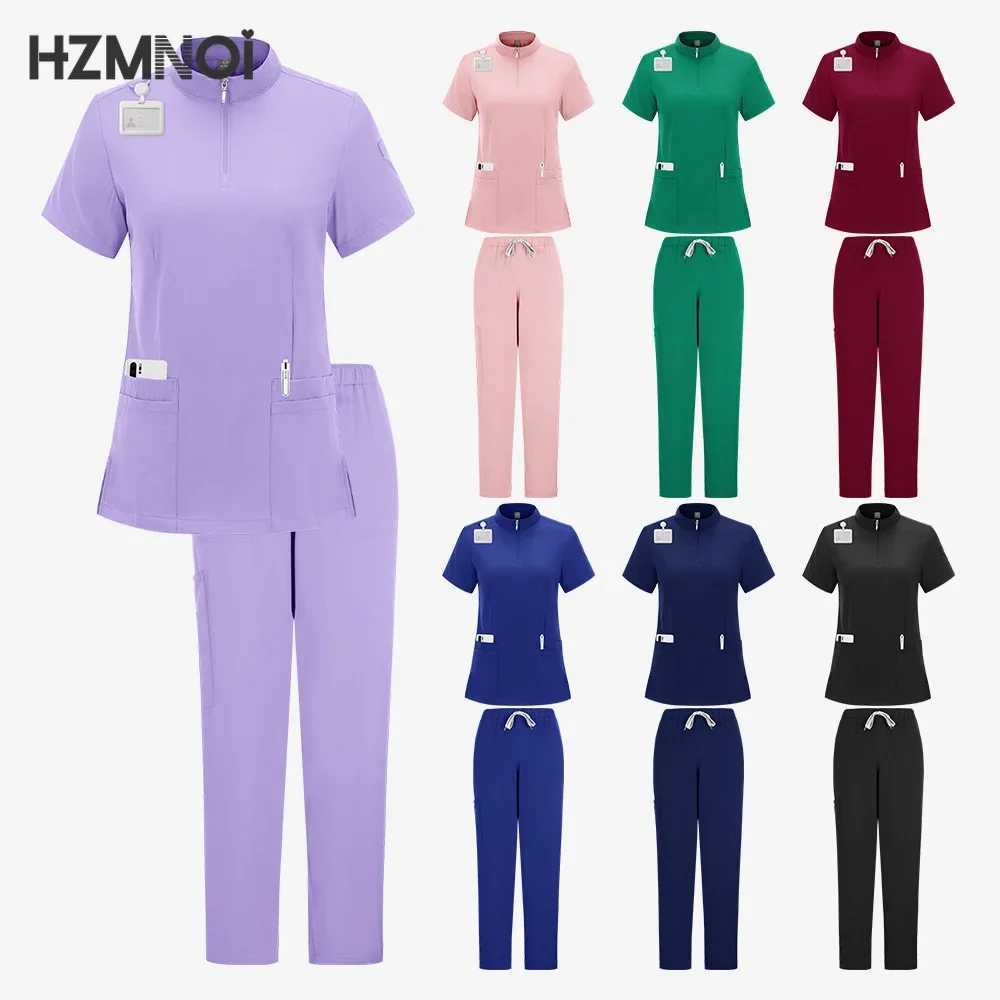 Women Medical Uniforms Elastic Scrubs Sets Hospital Surgical Workwear Short Slve Top Pants Nursing Accessories Doctors Clothes X2504101