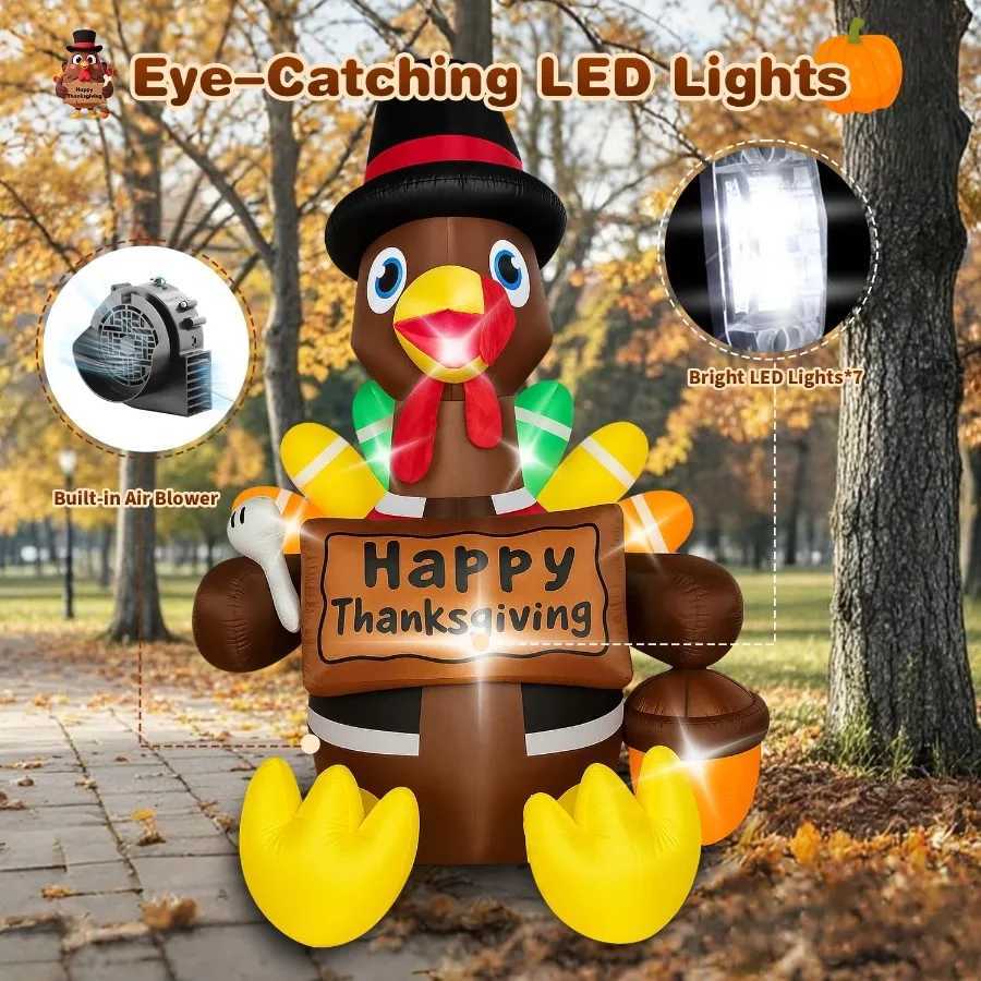 Christmas 6FT Fall Inflatable Turkey with Builtin LED Lights and Colorful Tail for Outdoor Lawn Yard Decoration Perfect Thanksgiving Infl Y251111