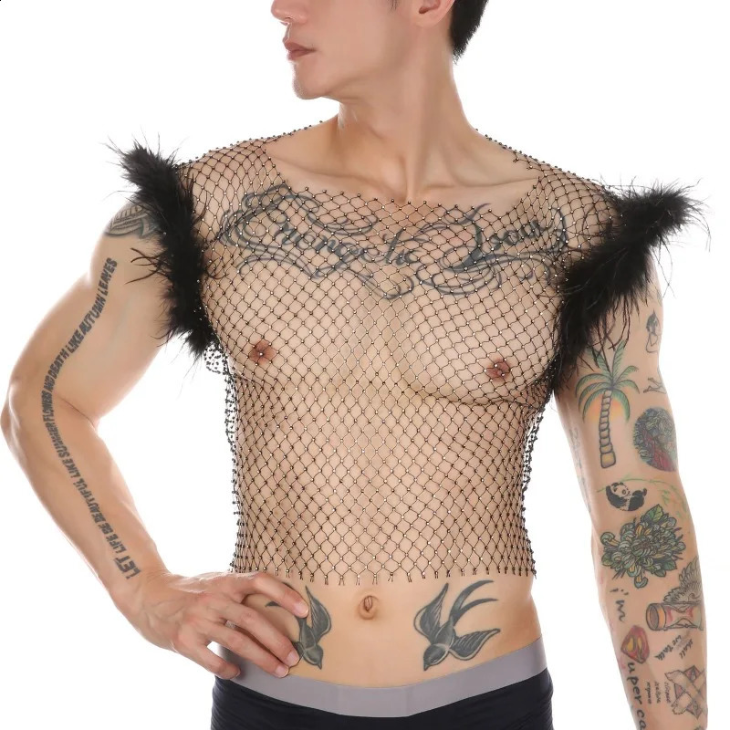 Sheer Fishing Net Vest Men Sexy Feather Sleeveless Top Shiny Hollow Out Rhinestone Mesh Tank Tops Gay Sissy Night Club Costume 250411