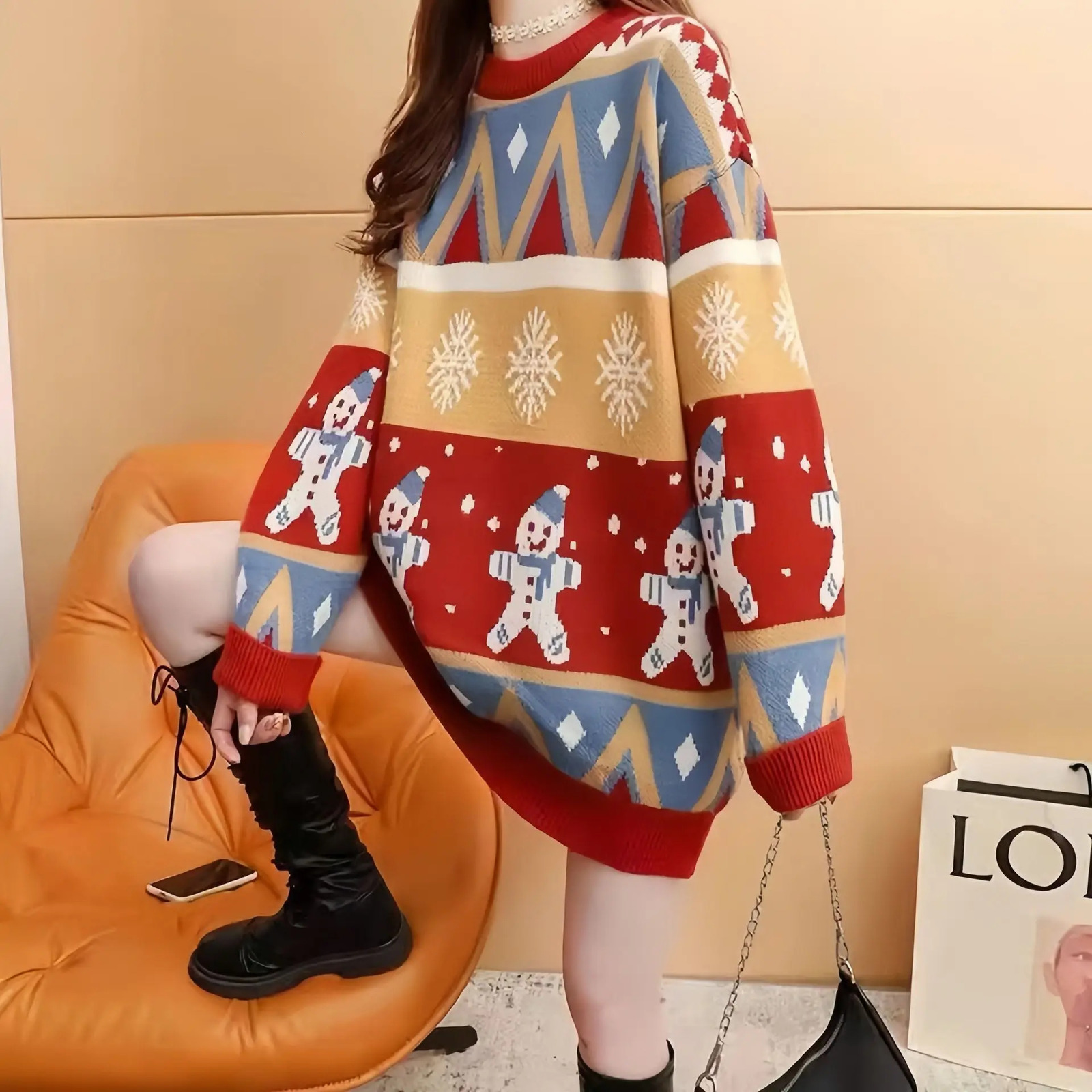 Autumn Winter Loose Oversized Sweater Women Christmas Snowflake Knitted Longline Thickened Pullover 251106