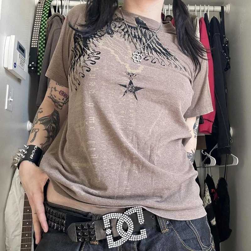 Harajuku Shopping Center Gothic retro crop top graphic wing network T-shirt Y2K Grunge retro short sleeved T-shirt Japanese womens clothing M250411